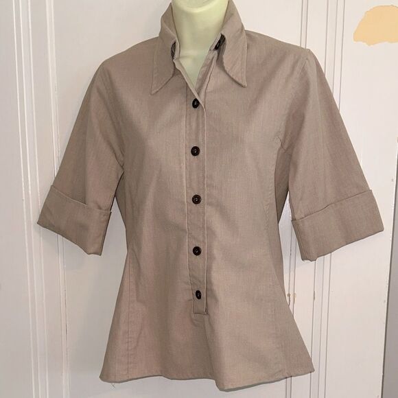 Vintage 70s Jantzen Tan Button Front Short Sleeve Blouse - Picture 1 of 9
